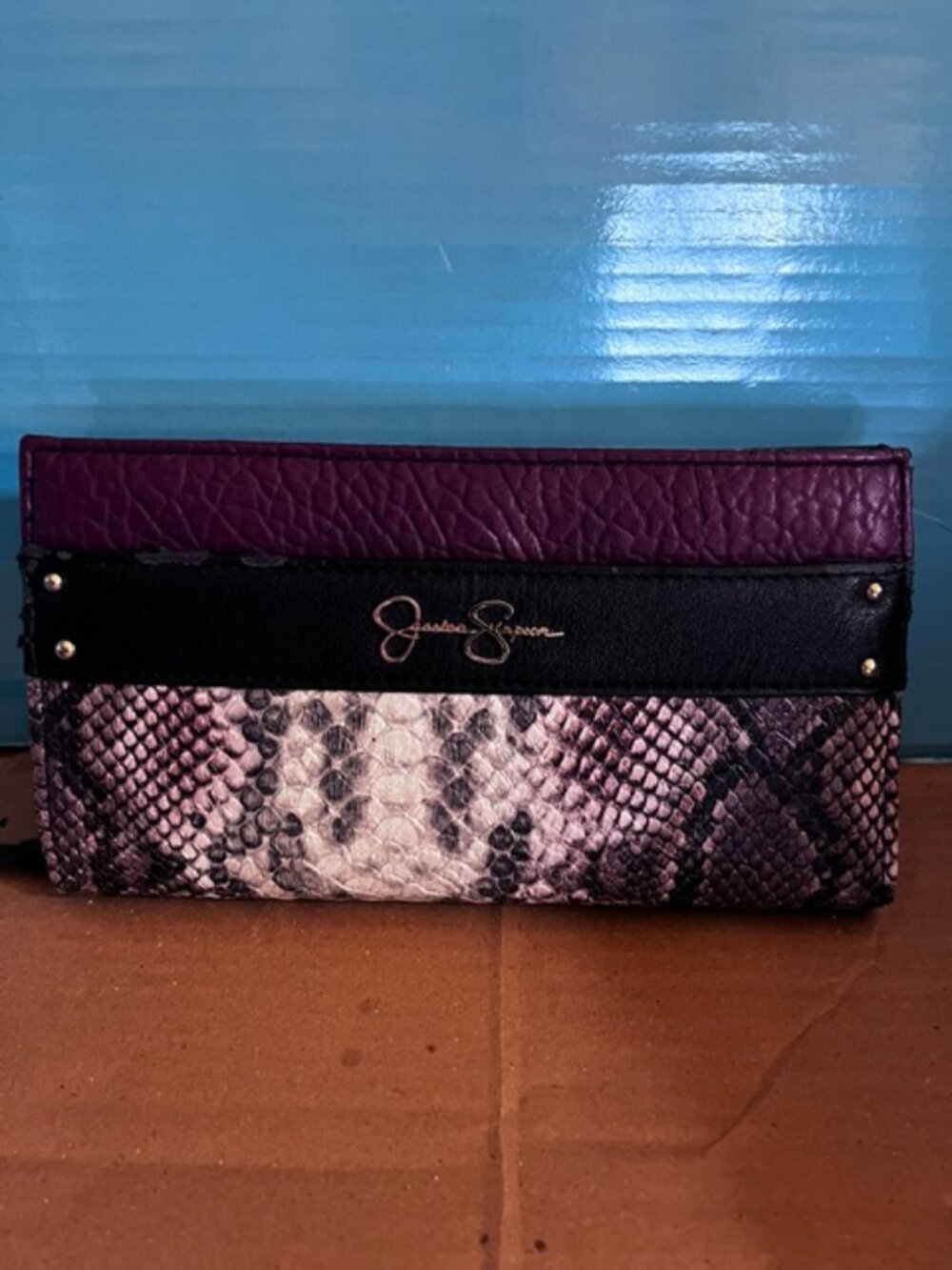 Jessica Simpson Wallet Faux Snake Wine and Black Clutch pre-owned good